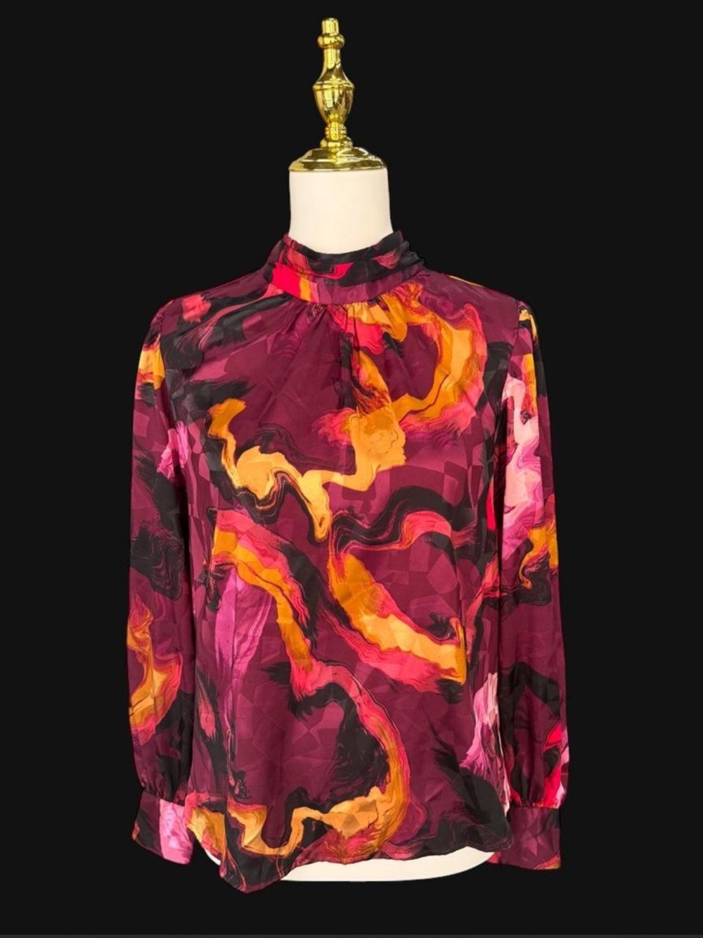Nine West Mock Neck Long Sleeve Satin Blouse Marble Swirl Burgundy Pink Medium